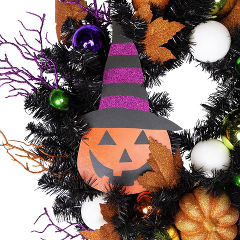 Jack-O-Lantern in Witches Hat Halloween Pine Wreath  24-Inch  Unlit