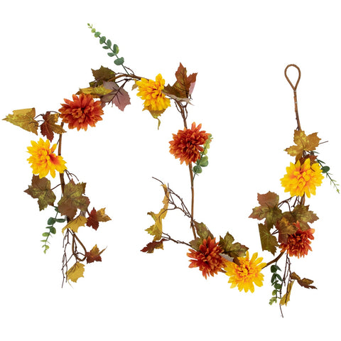 5.5' X 6" Autumn Harvest Orange and Yellow Mums With Maple Leaves Garland - Unlit