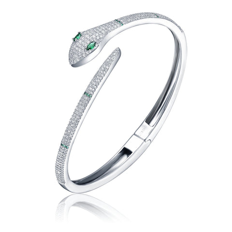White Gold Plated With Emerald & Cubic Zirconia Snake Bypass Coil Wrap Bangle Bracelet