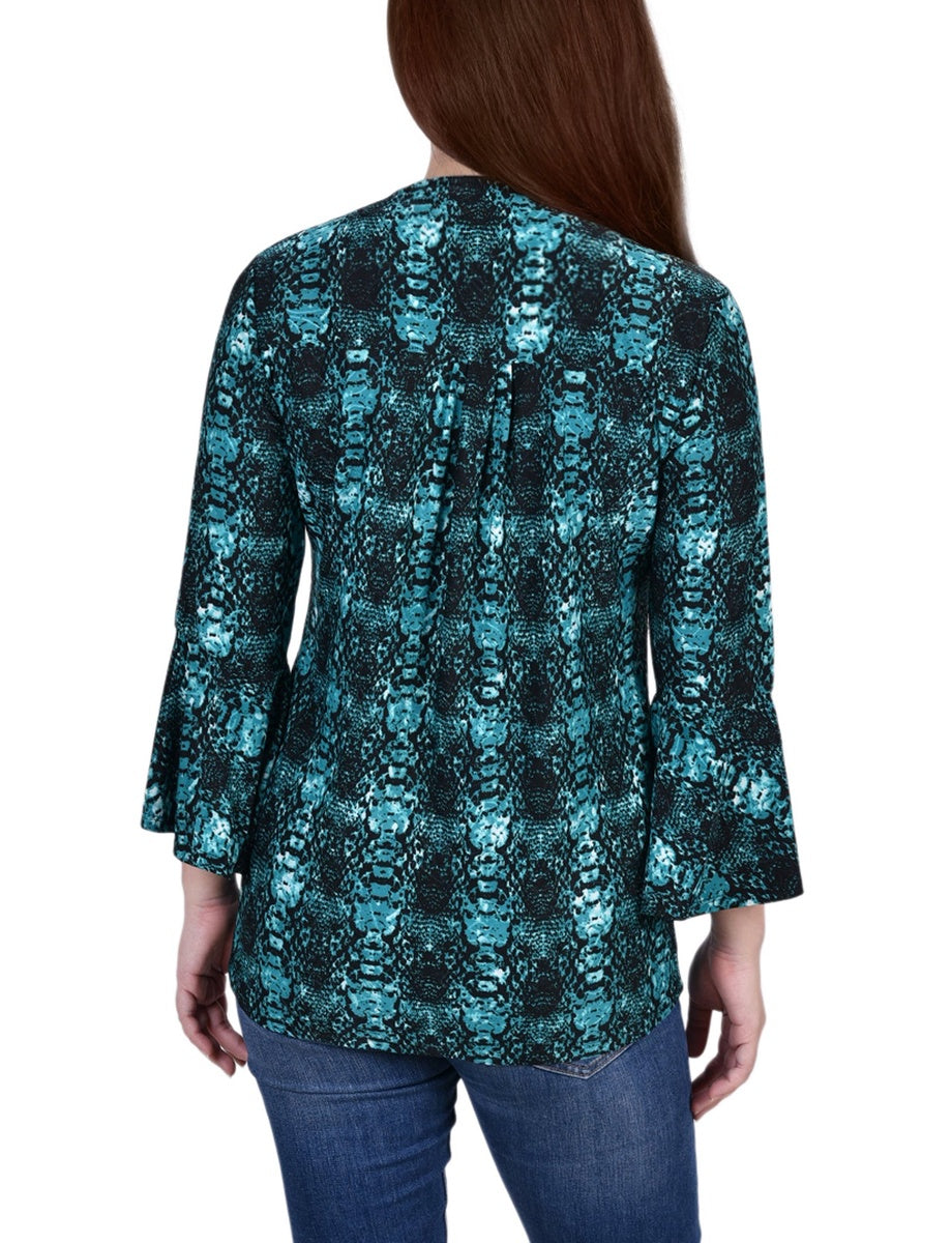  NY Collection Petite 3/4 Bell Sleeve Pleat Front Y Neck Top - Berry Plaid - Bonton