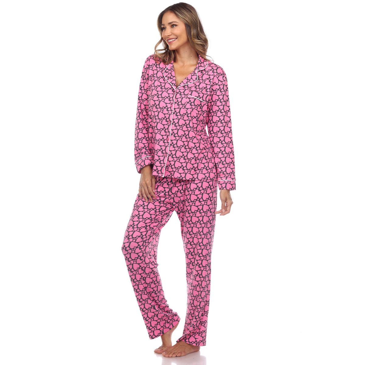  White Mark Women's Long Sleeve Heart Print Pajama Set - M - Bonton