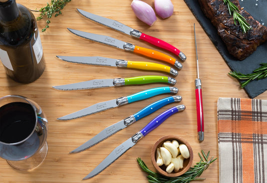 Set of 8 Laguiole Steak Knives, Rainbow Colors