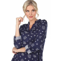 Women's Pleated Long Sleeve Leaf Print Blouse