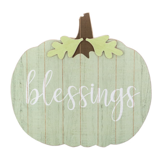 20" Green and Brown Blessings Pumpkin Wooden Thanksgiving Hanging Wall Sign