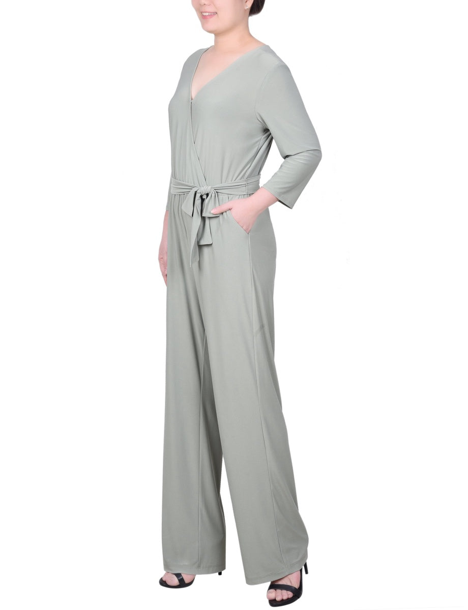  NY Collection Petite 3/4 Sleeve Belted Jumpsuit - Black - Bonton
