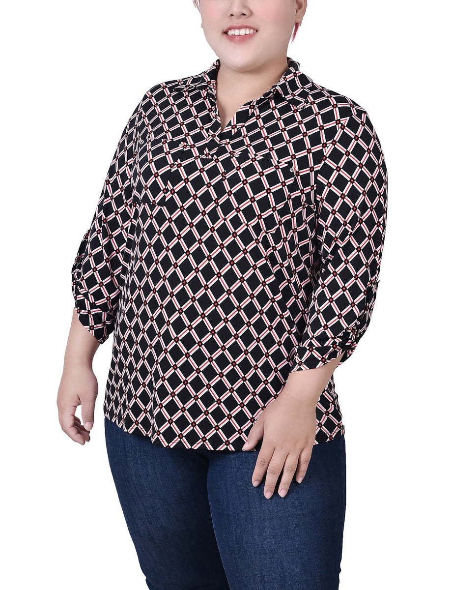  NY Collection Plus Size 3/4 Roll Tab Sleeve Studded Y Neck Top - Royal Abstract - Bonton