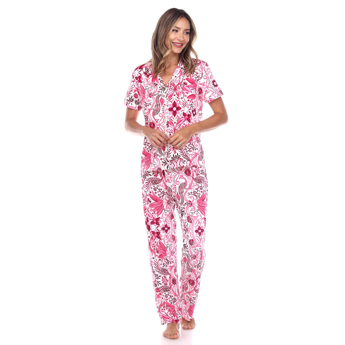  White Mark Women's Short Sleeve & Pants Tropical Pajama Set - L - Bonton