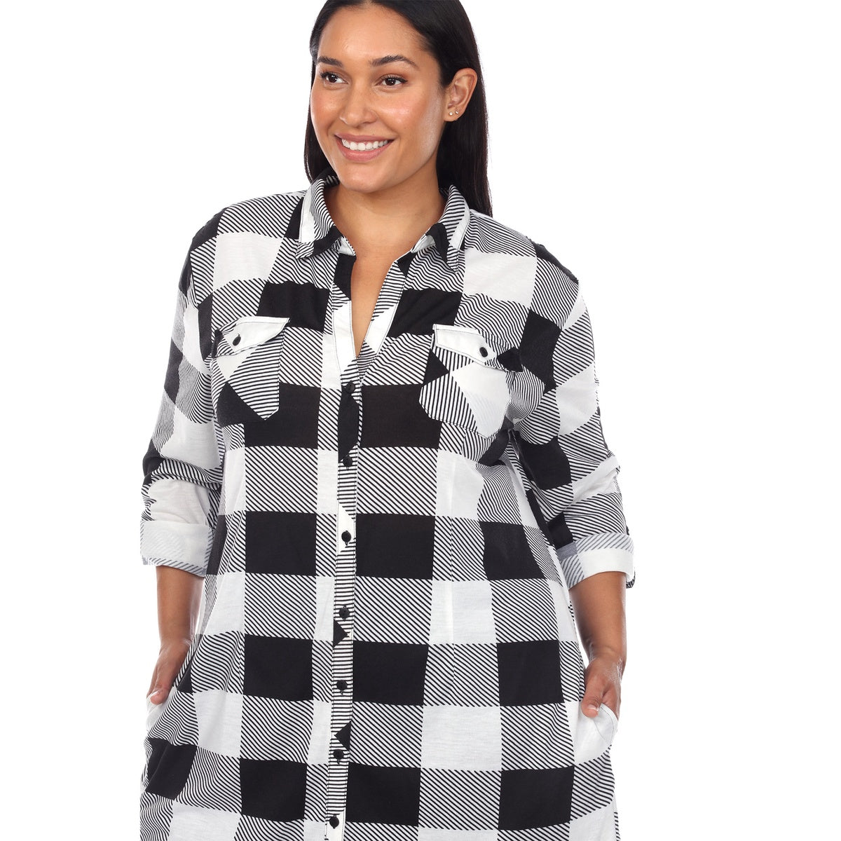  White Mark Plus Size Plaid Button Down Tunic Shirt - 1X - Bonton