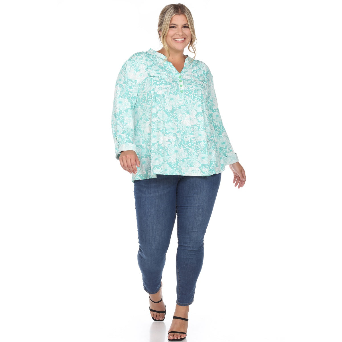  White Mark Plus Size Pleated Long Sleeve Floral Print Blouse - 1X - Bonton