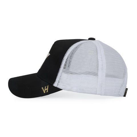Vintage Havana Trucker Hat for Women – White Mesh & Black Canvas Adjustable Cap With Washed Gold Star