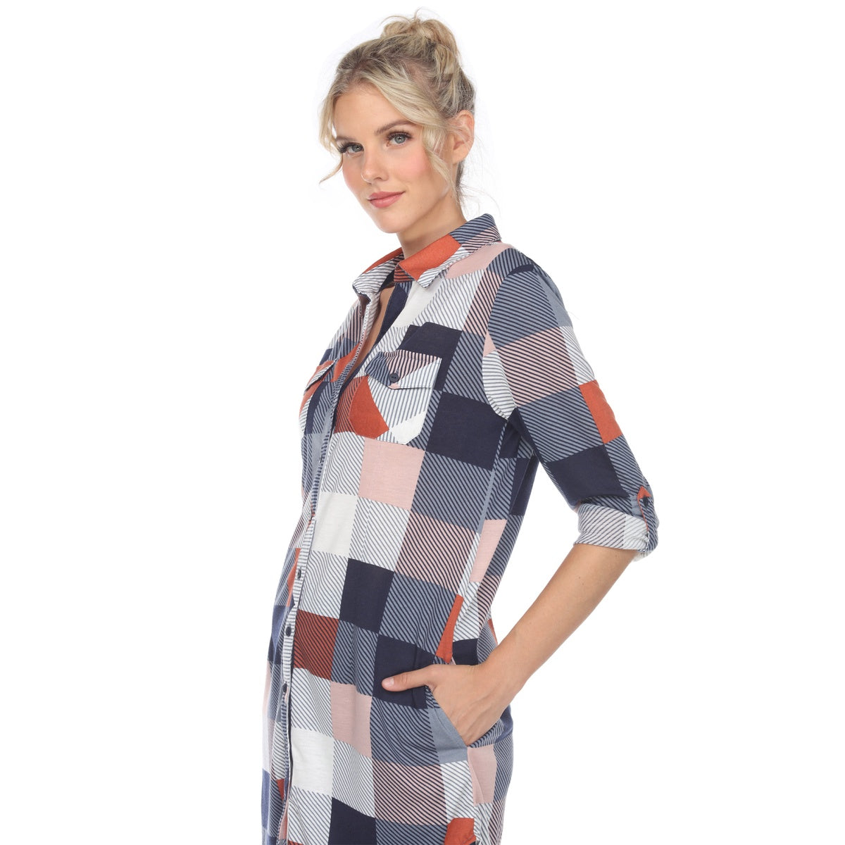  White Mark Women's Plaid Button Down Tunic Top - S - Bonton