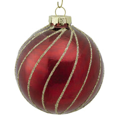 4ct Burgundy Red and Gold Glitter Striped Glass Christmas Ball Ornaments 3" (76mm)