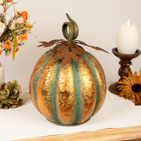 Autumn Harvest Pumpkin Metal Decoration - 13" - Orange and Green