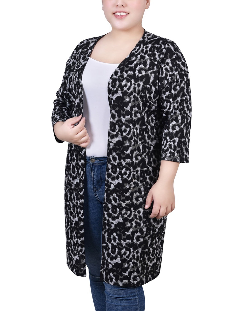  NY Collection Plus Size 3/4 Sleeve Knit Cardigan - Black White Plaid - Bonton