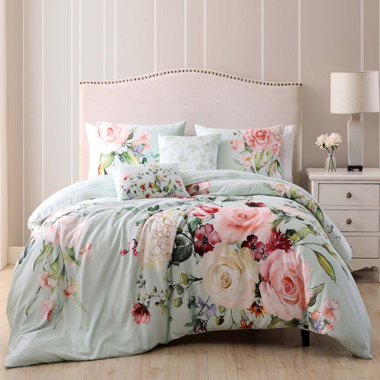 Rose on Misty Green 100% Cotton 5-Piece Reversible Comforter Set