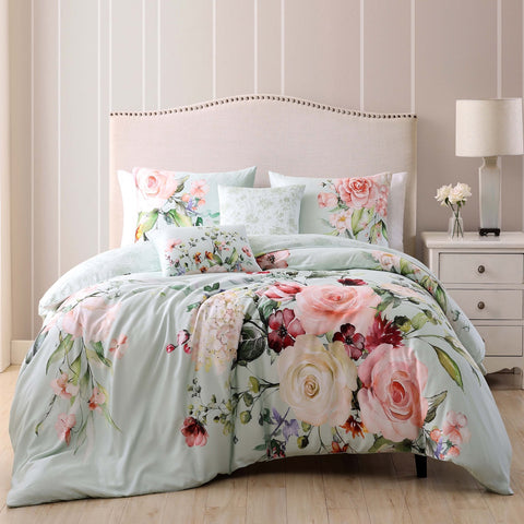Rose on Misty Green 100% Cotton 5-Piece Reversible Comforter Set