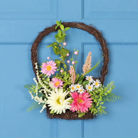 Chrysanthemum and Daisy Twig Basket Wreath Spring Decor  Pink and Yellow 17"