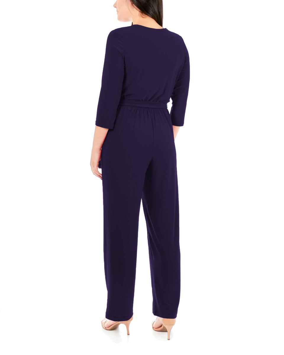  NY Collection Petite 3/4 Sleeve Belted Jumpsuit - Black - Bonton