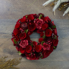 Red Wooden Roses and Berries Artificial Wreath - 9.5" - Unlit - Red and Green