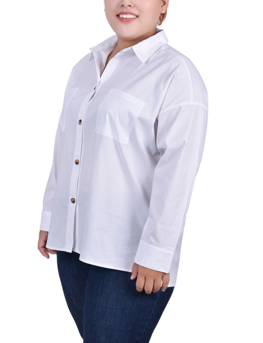  NY Collection Plus Size Long Sleeve Blouse With Chest Pockets - Electric Blue Lemonade - Bonton