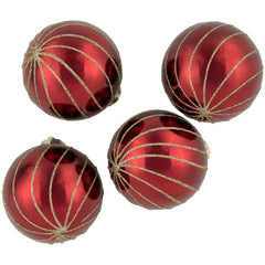 4ct Burgundy Red and Gold Glitter Striped Glass Christmas Ball Ornaments 3" (76mm)