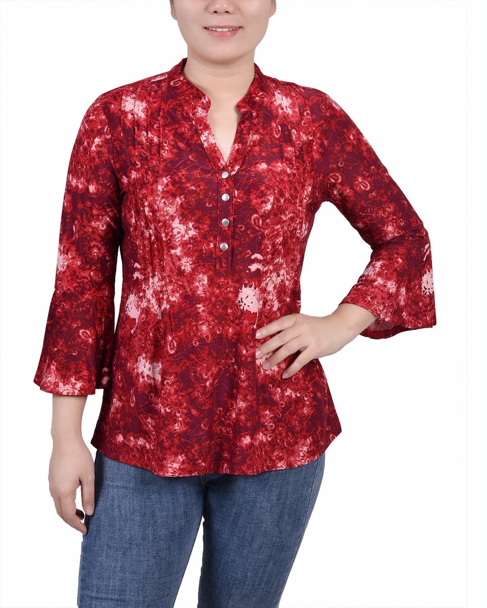  NY Collection 3/4 Bell Sleeve Pleat Front Y Neck Top - Mauve Tie Dye - Bonton