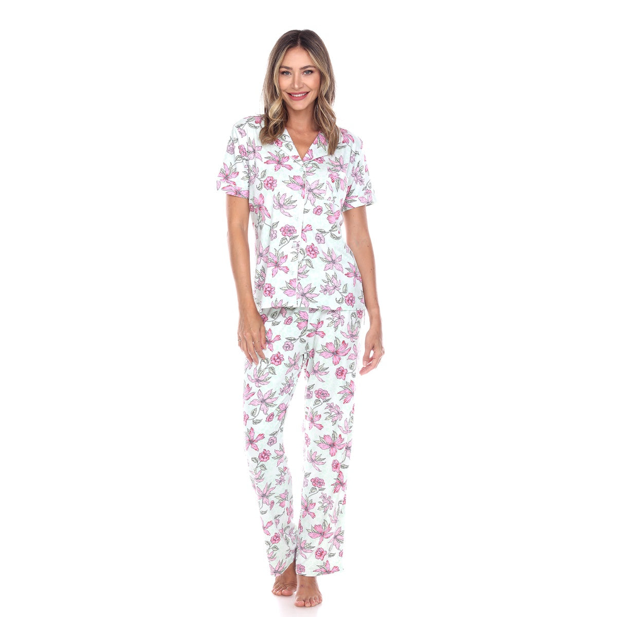  White Mark Women's Short Sleeve & Pants Tropical Pajama Set - L - Bonton