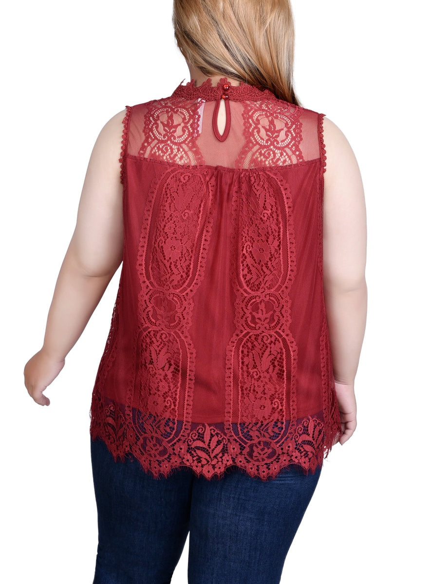  NY Collection Plus Size Sleeveless Mock Neck Lace Top - Black Nude - Bonton
