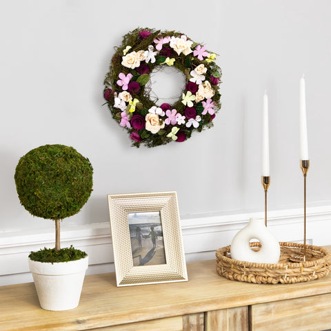 14" Purple and Green Floral  Berries and Twig Artificial Spring Floral Wreath