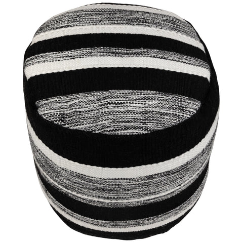 18" Black and White Striped Outdoor Woven Pouf Ottoman