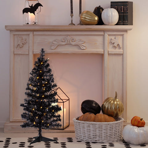 Pre-Lit Artificial Tinsel Halloween Tree - 3' - Black - Clear Lights