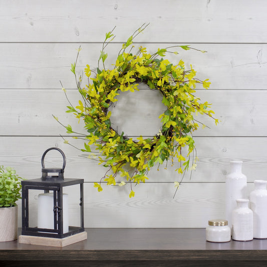 Forsythia and Leaves Artificial Spring Floral Wreath  Yellow - 20-Inch