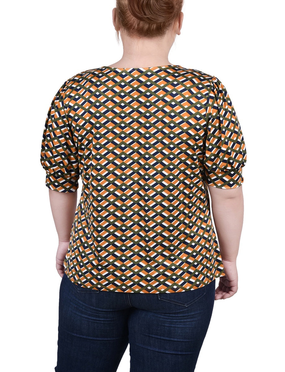  NY Collection Plus Size Short Sleeve Balloon Sleeve Top With Hardware - Black Taupe Zebra - Bonton