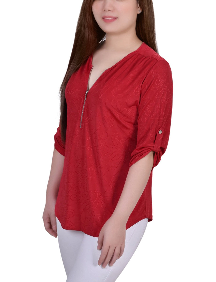 NY Collection 3/4 Roll Tab Zip Front Jacquard Knit Top - Red Sakadotduo - Bonton