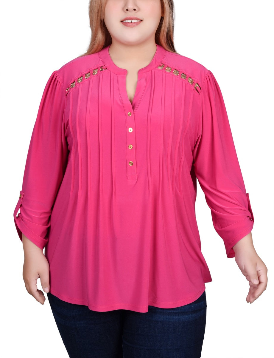  NY Collection Plus Size Long Sleeve Pintuck Front Top With Chain Details - Animal Lilas Dot - Bonton