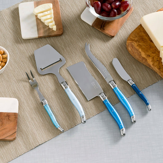 Laguiole 5 Piece Cheese Knife, Fork and Slicer Set, "Shades of Blue"