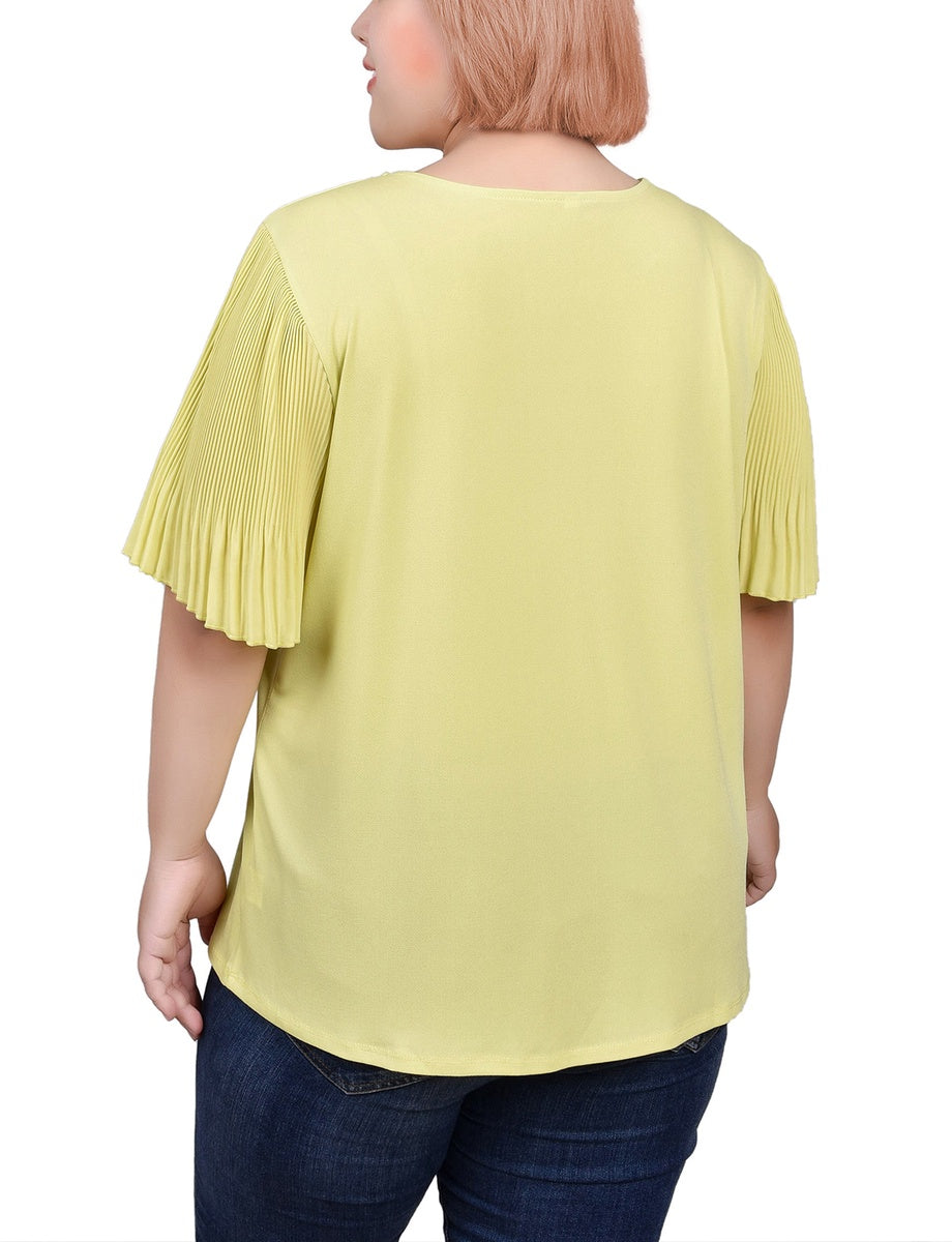  NY Collection Plus Size Pleated-Sleeve Top - White Black Dotcircles - Bonton