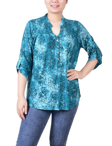 Petite 3/4 Roll Tab Sleeve Smocked-Yoke Top