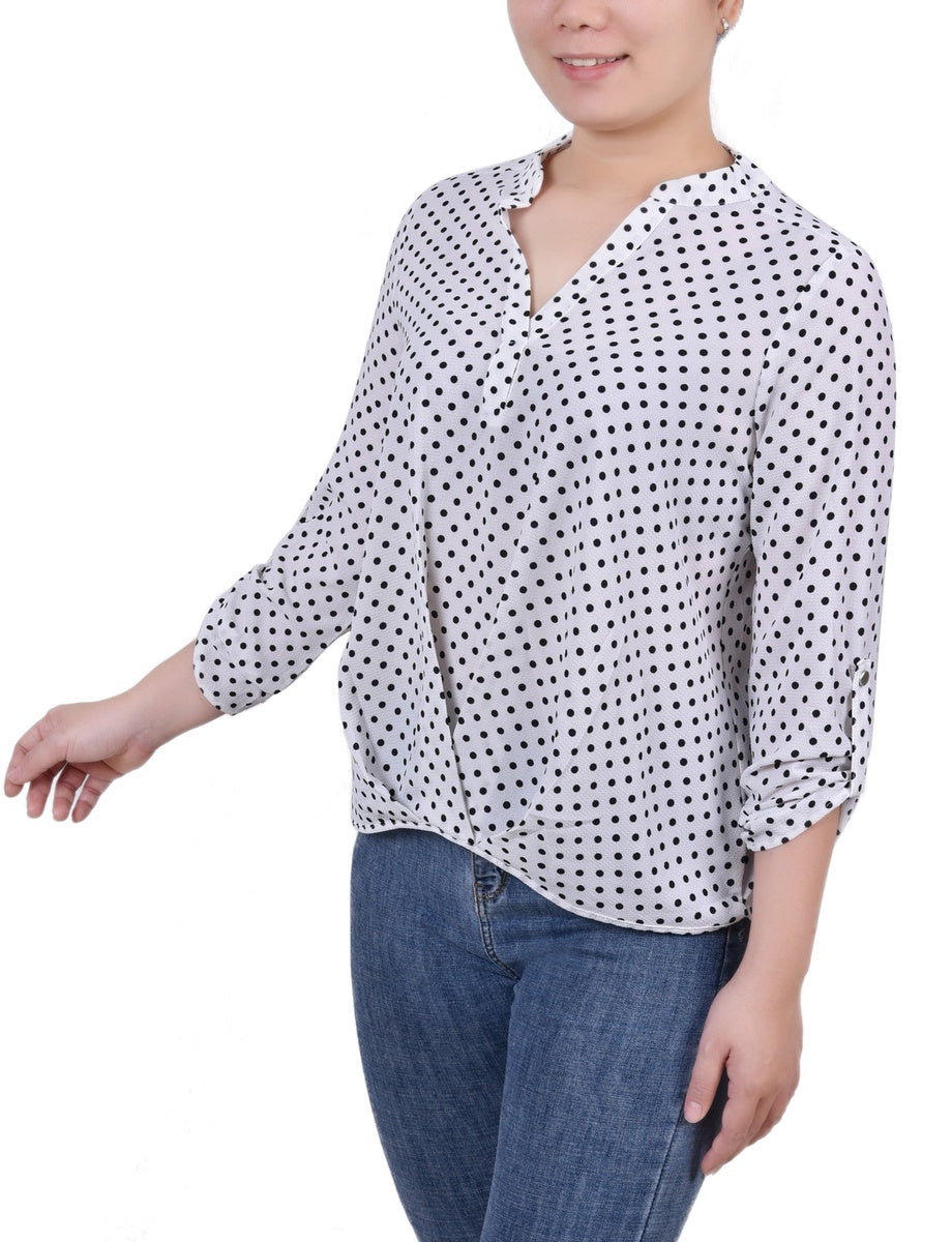  NY Collection Petite 3/4 Sleeve Mandarin Collar Blouse With Front Pleats - Black Mauve Stripe - Bonton