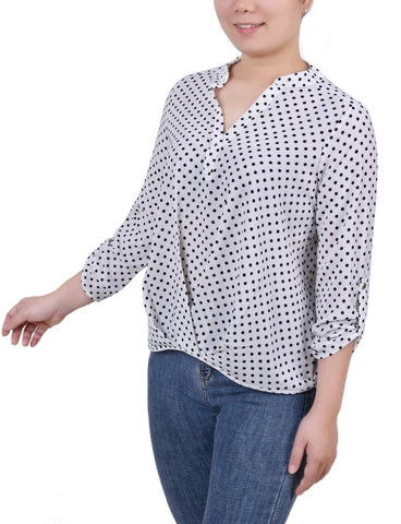 Petite 3/4 Sleeve Mandarin Collar Blouse With Front Pleats