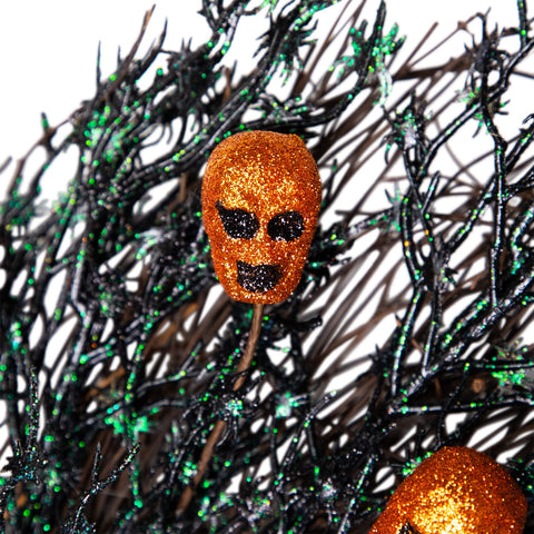 Black and Orange Skulls and Spiders Halloween Twig Wreath  22-Inch  Unlit