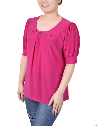 Short Sleeve Balloon Sleeve Top With Hardware