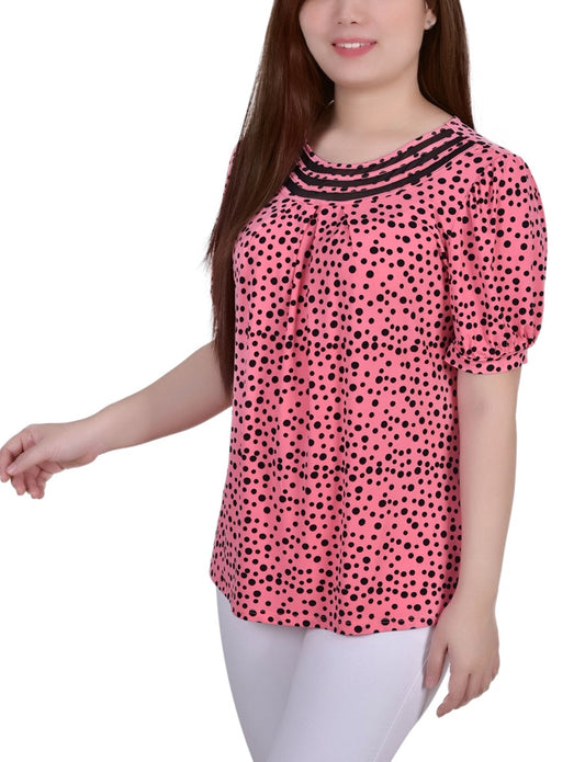 Petite Short Puff Sleeve Sheer Inset Top