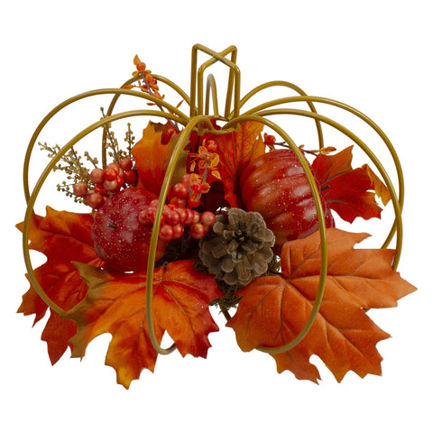 Autumn Harvest Maple Leaf and Berry Pumpkin Centerpiece - 12" - Orange