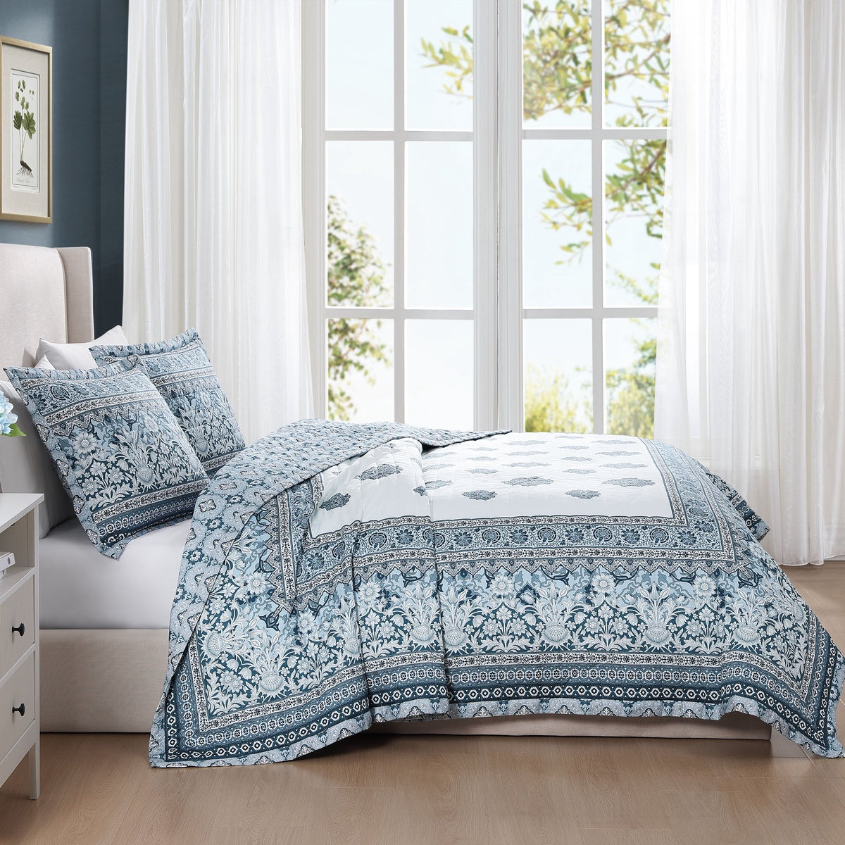  Bebejan Bebejan Aquamarine Medallion 3 Piece Reversible Quilted Coverlet Set - QUEEN - Bonton