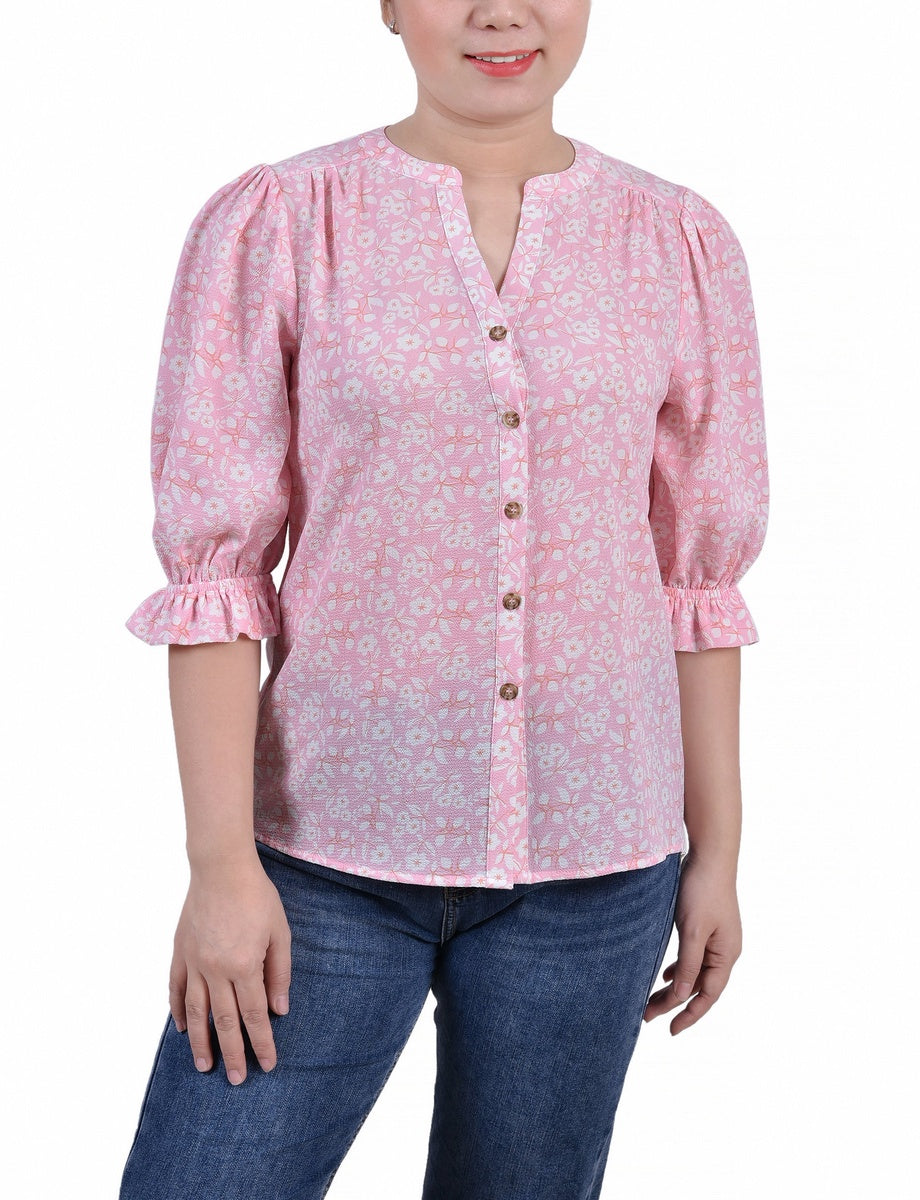  NY Collection Petite Elbow Sleeve Y Neck Blouse - Ivory Brushed - Bonton