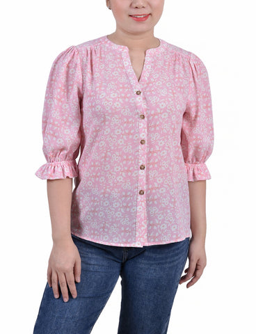 Petite Elbow Sleeve Y Neck Blouse