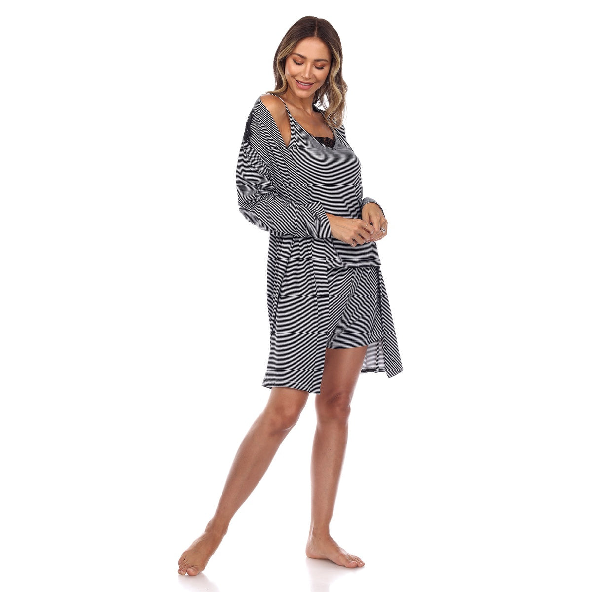  White Mark Women's 3 Piece Striped Pajama & Robe Set - XL - Bonton