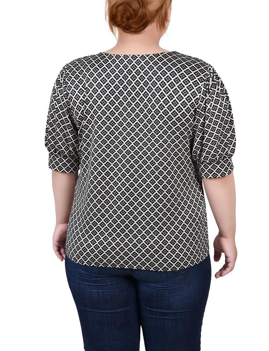  NY Collection Plus Size Short Sleeve Balloon Sleeve Top With Hardware - Black Taupe Zebra - Bonton