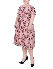 Plus Size Short Sleeve Belted Swiss Dot Dress